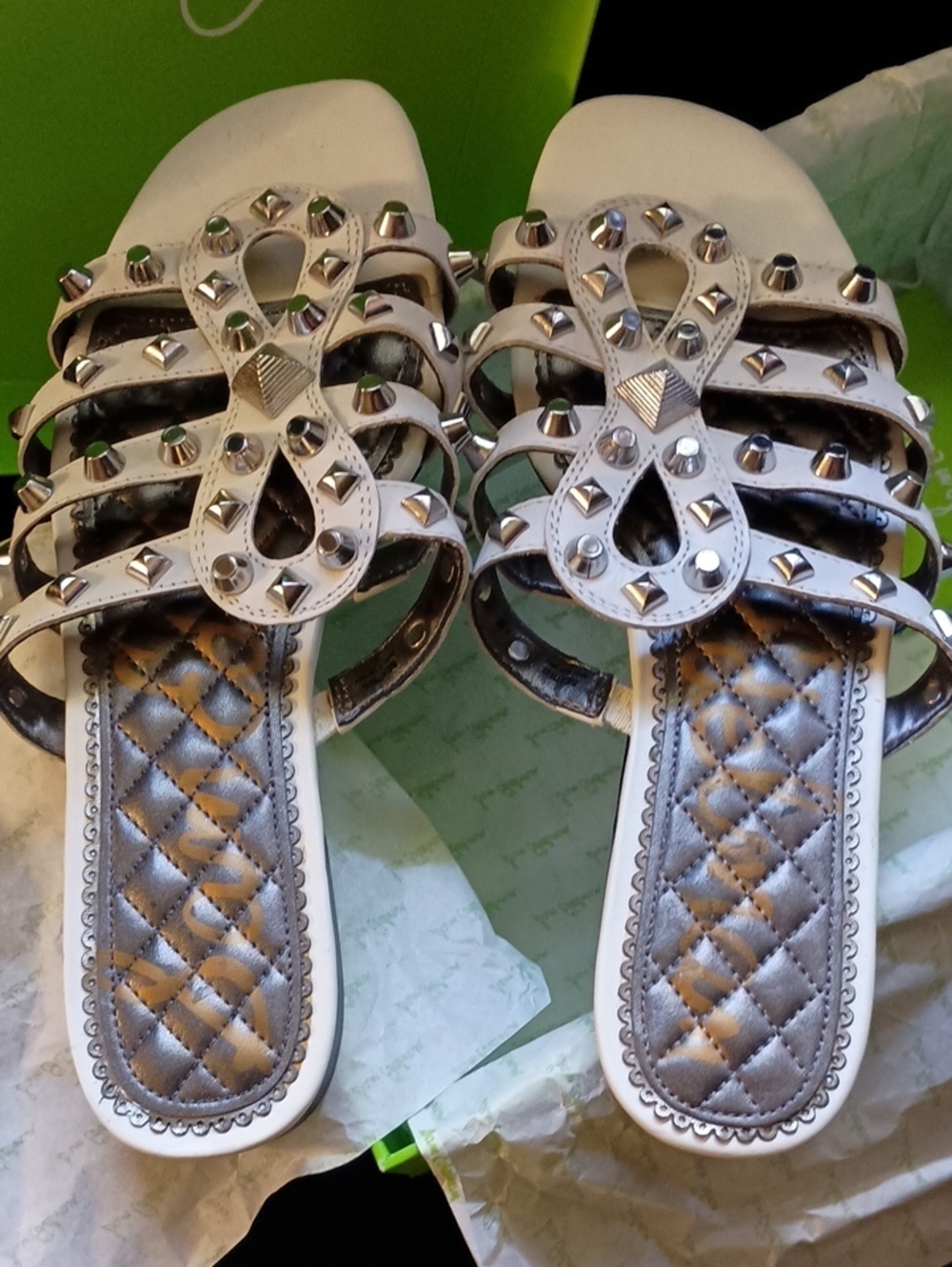 NWB Sam Edelman BEATRIS White Leather/Silver Studded SlipOn Flat Sandals Sz 9.5M